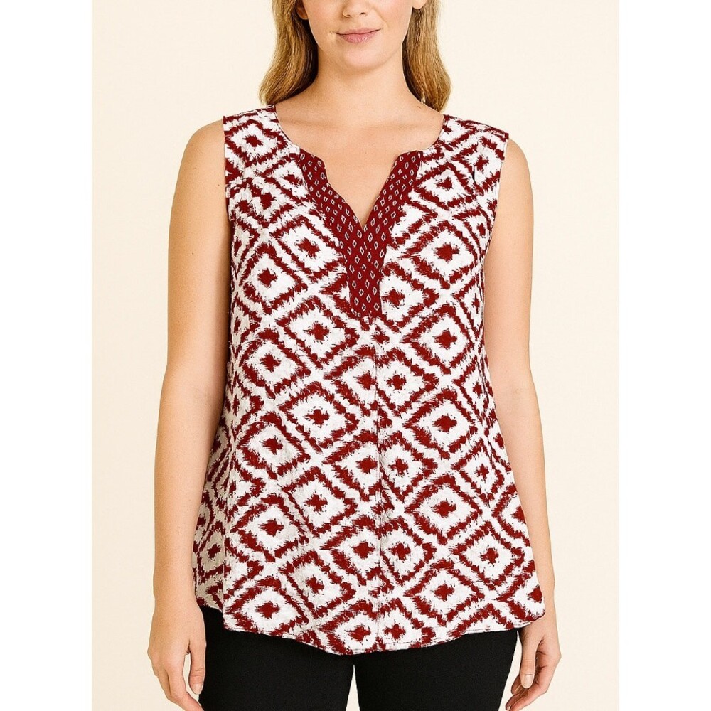 Skies are Blue maroon and cream sleeveless 1/4 button up blouse SZ 1X